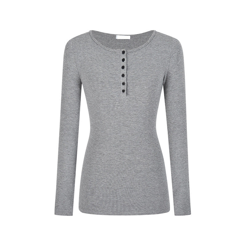 Nameria Button Fitted Long Sleeve Base Layer Half Open Collar Top