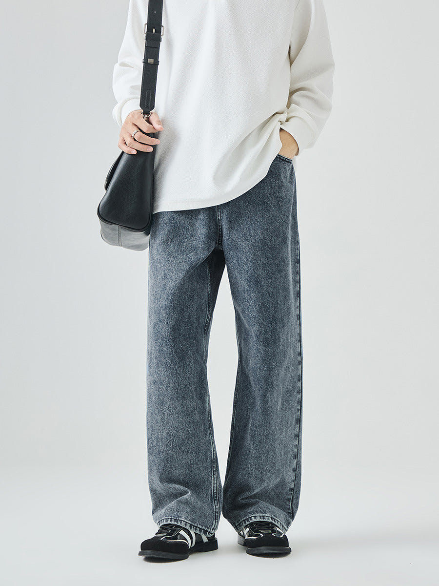 Nameria Washed Denim Loose Straight Long Pants Mid-rise