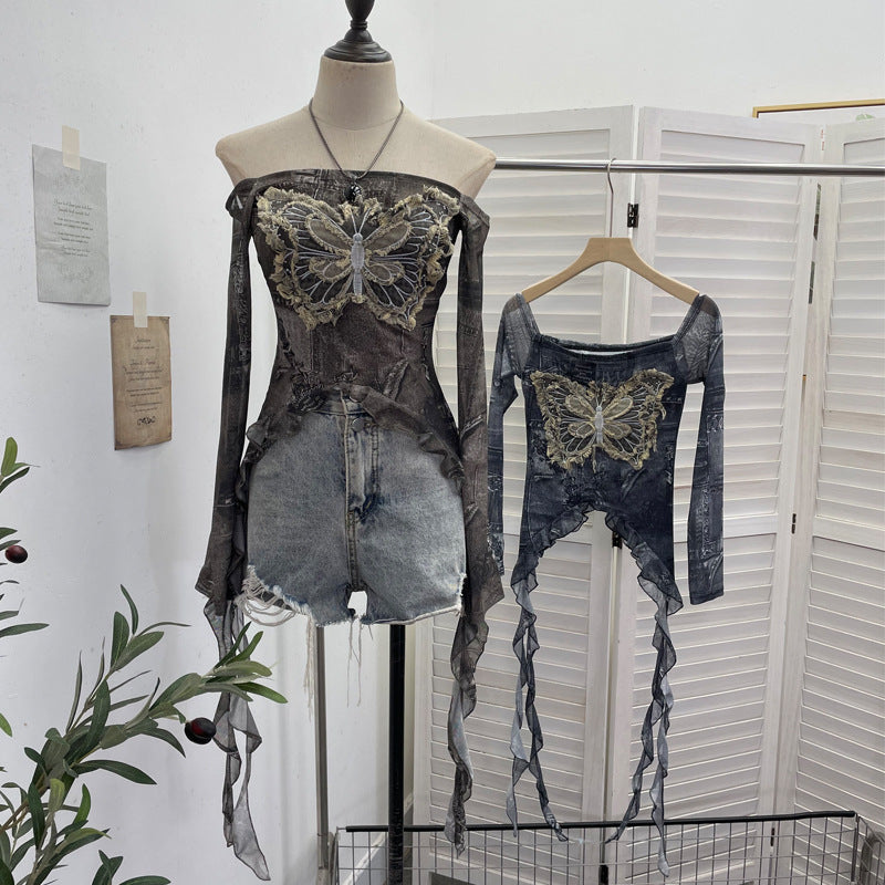 Nameria One-Shoulder Butterfly Embroidered Mesh Top