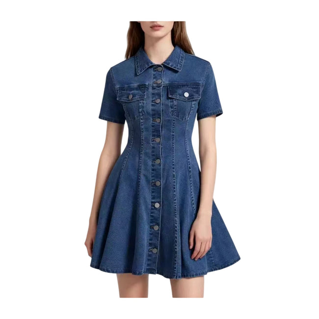 Nameria Button Front Denim Shirt Dress Short Sleeve