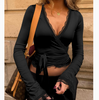 Nameria Womens V-Neck Lace Trim Slim-Fit Blouse