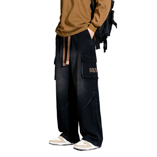 Nameria Men Vintage Washed Wide Leg Pants High Waist Zipper Placket