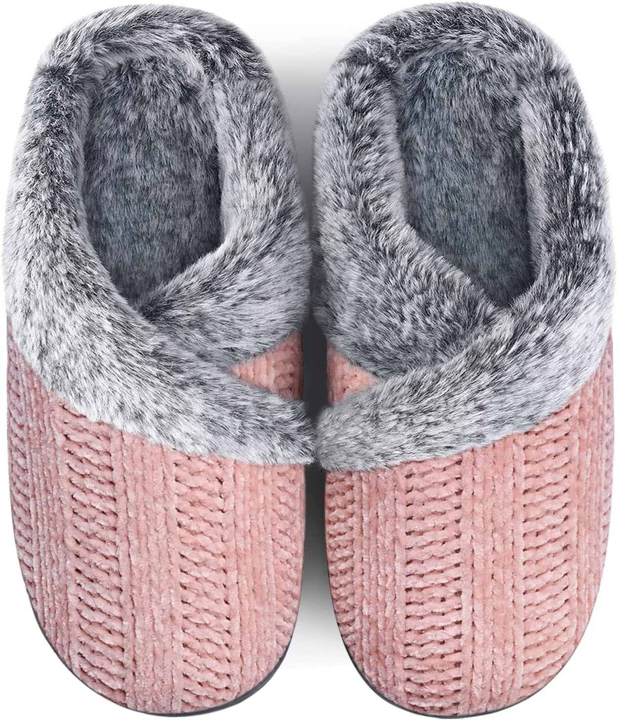 Women’s Fuzzy Memory Foam House Slippers – Indoor Outdoor Cozy Knit Slip-On with Plush Lining & Anti-Skid Rubber Sole