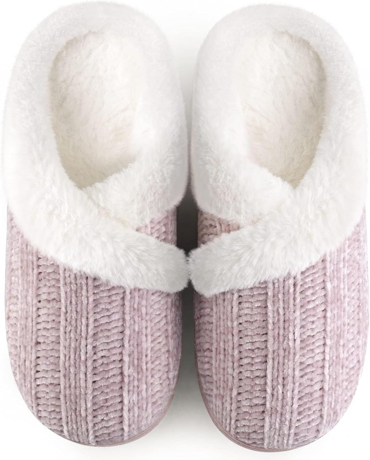 Women’s Fuzzy Memory Foam House Slippers – Indoor Outdoor Cozy Knit Slip-On with Plush Lining & Anti-Skid Rubber Sole