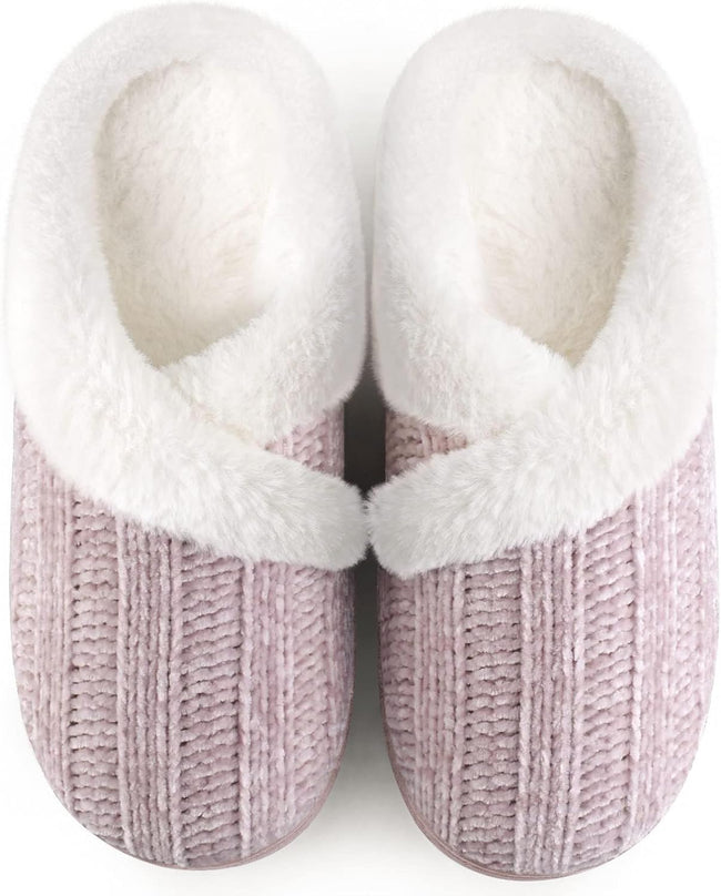 Women’s Fuzzy Memory Foam House Slippers – Indoor Outdoor Cozy Knit Slip-On with Plush Lining & Anti-Skid Rubber Sole