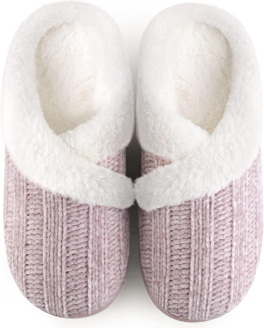 Women’s Fuzzy Memory Foam House Slippers – Indoor Outdoor Cozy Knit Slip-On with Plush Lining & Anti-Skid Rubber Sole