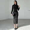 Nameria Womens Slim Fit Long Sleeve Velvet Dress Fold Detail Crewneck