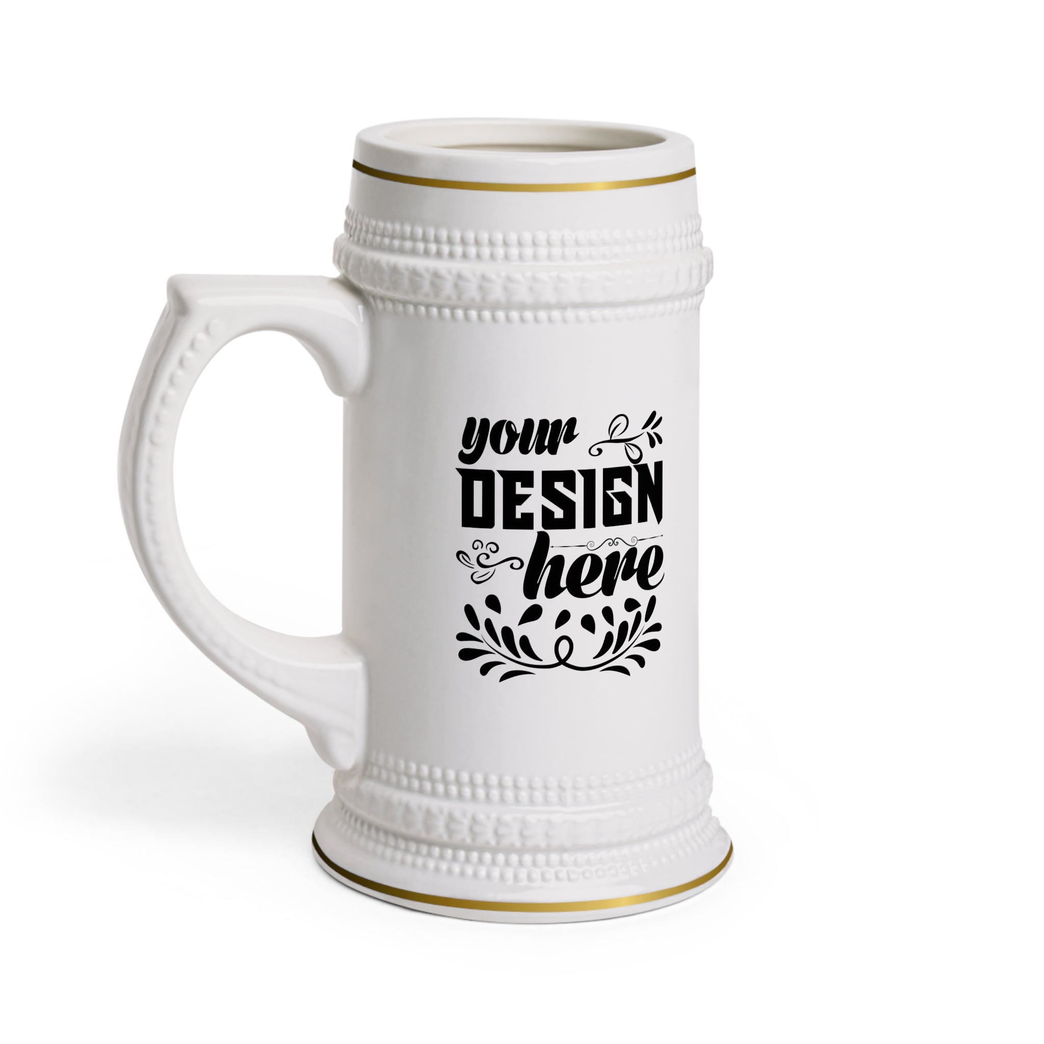 Customizable 22oz White Ceramic Beer Stein Mug with Gold Detail