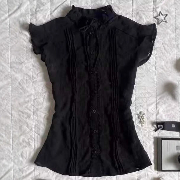 Nameria Pinstripe Puff Sleeve Button Front Blouse