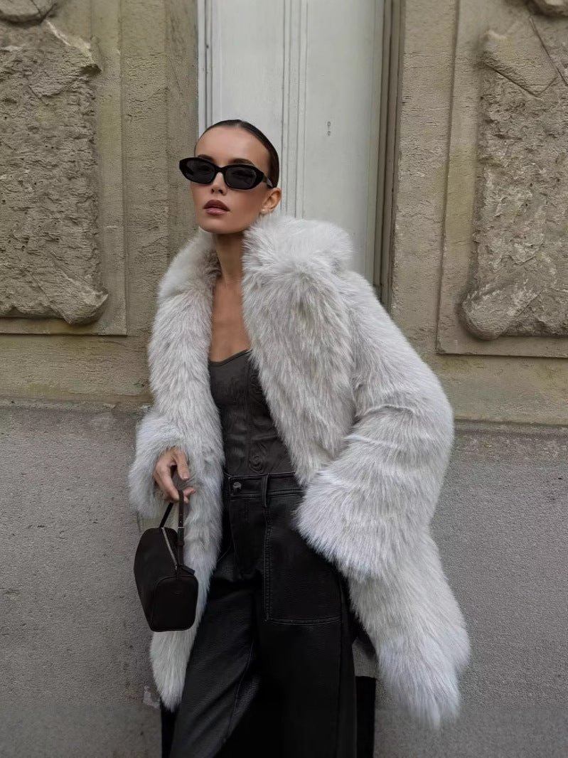 Nameria Faux Fur Mid Length Coat Extended Collar