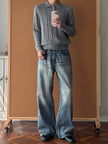 Nameria Cable Knit Polo Collar Long Sleeve Pullover Loose Fit
