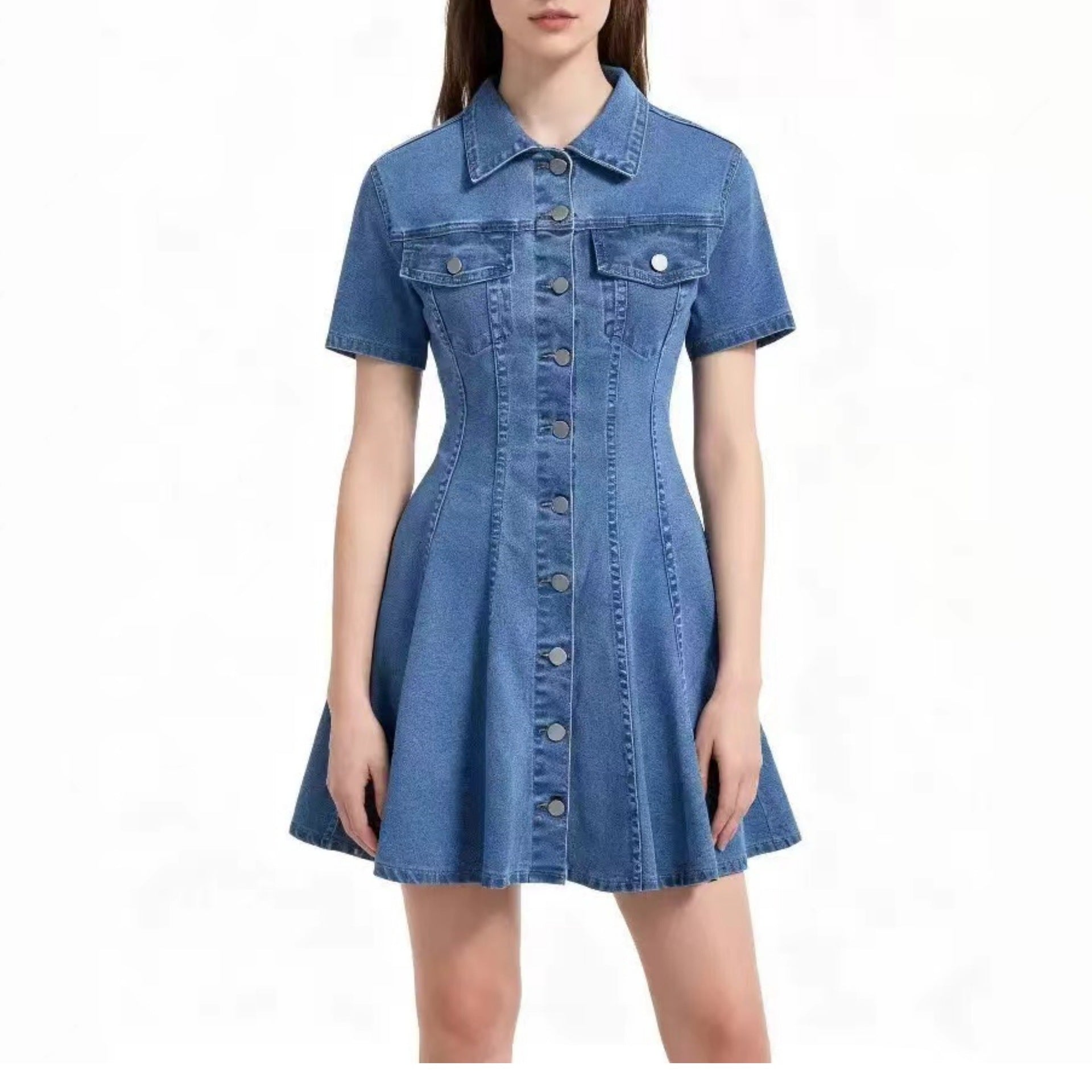 Nameria Button Front Denim Shirt Dress Short Sleeve