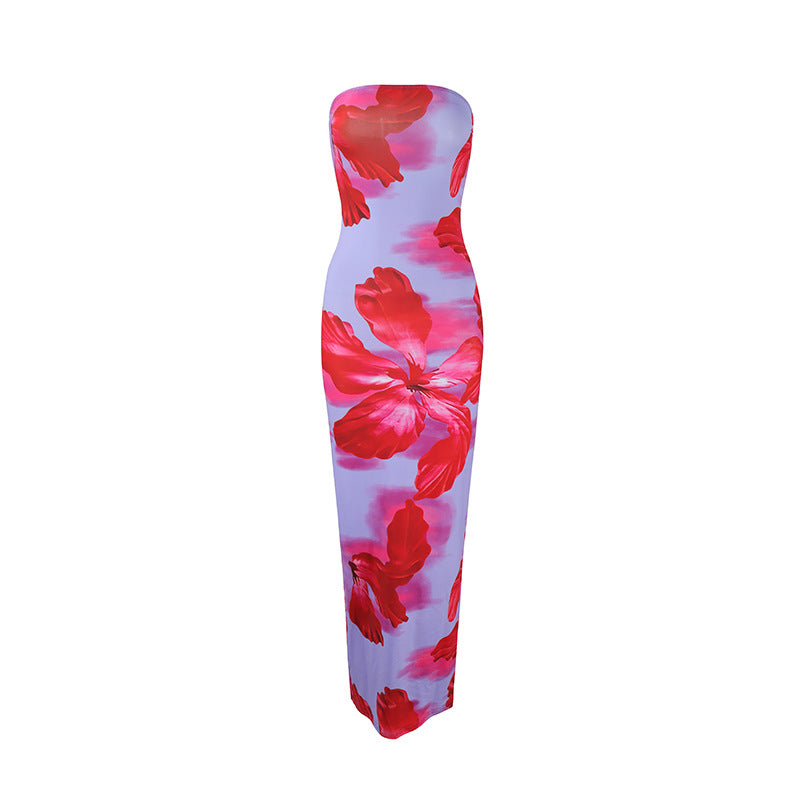 Nameria Strapless Floral Print Long Dress Tube Top Backless