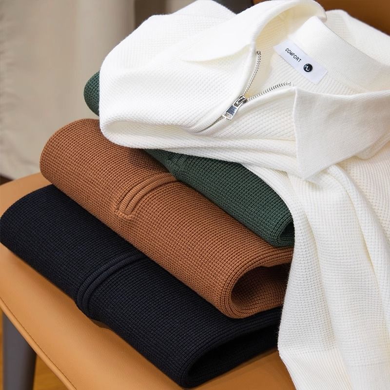 Nameria Half Zip Lapel Collar Waffle Knit Polo Long Sleeve