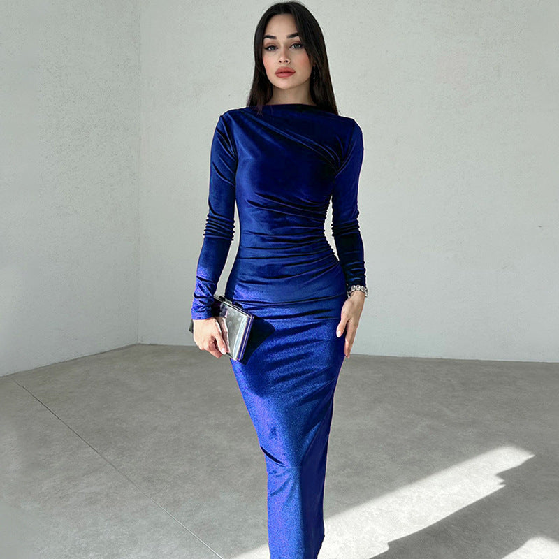 Nameria Womens Slim Fit Long Sleeve Velvet Dress Fold Detail Crewneck