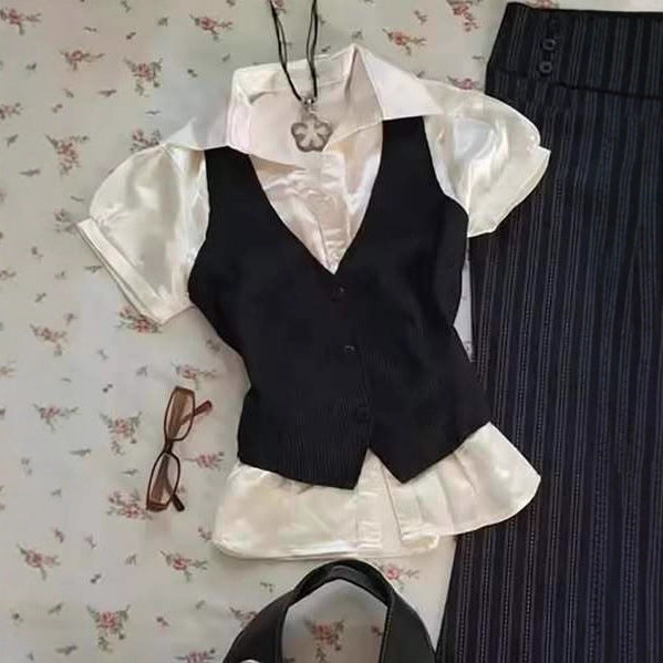 Nameria Pinstripe Puff Sleeve Button Front Blouse