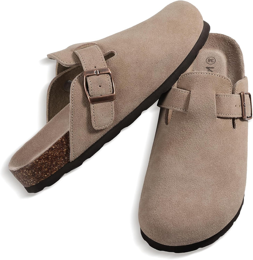 Genuine Suede Clogs for Women Cork Footbed Sandals Leather Mules Potato Shoes with Arch Support