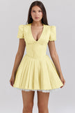 Nameria Floral Puff Sleeve A-line Short Dress V-neck High Waist