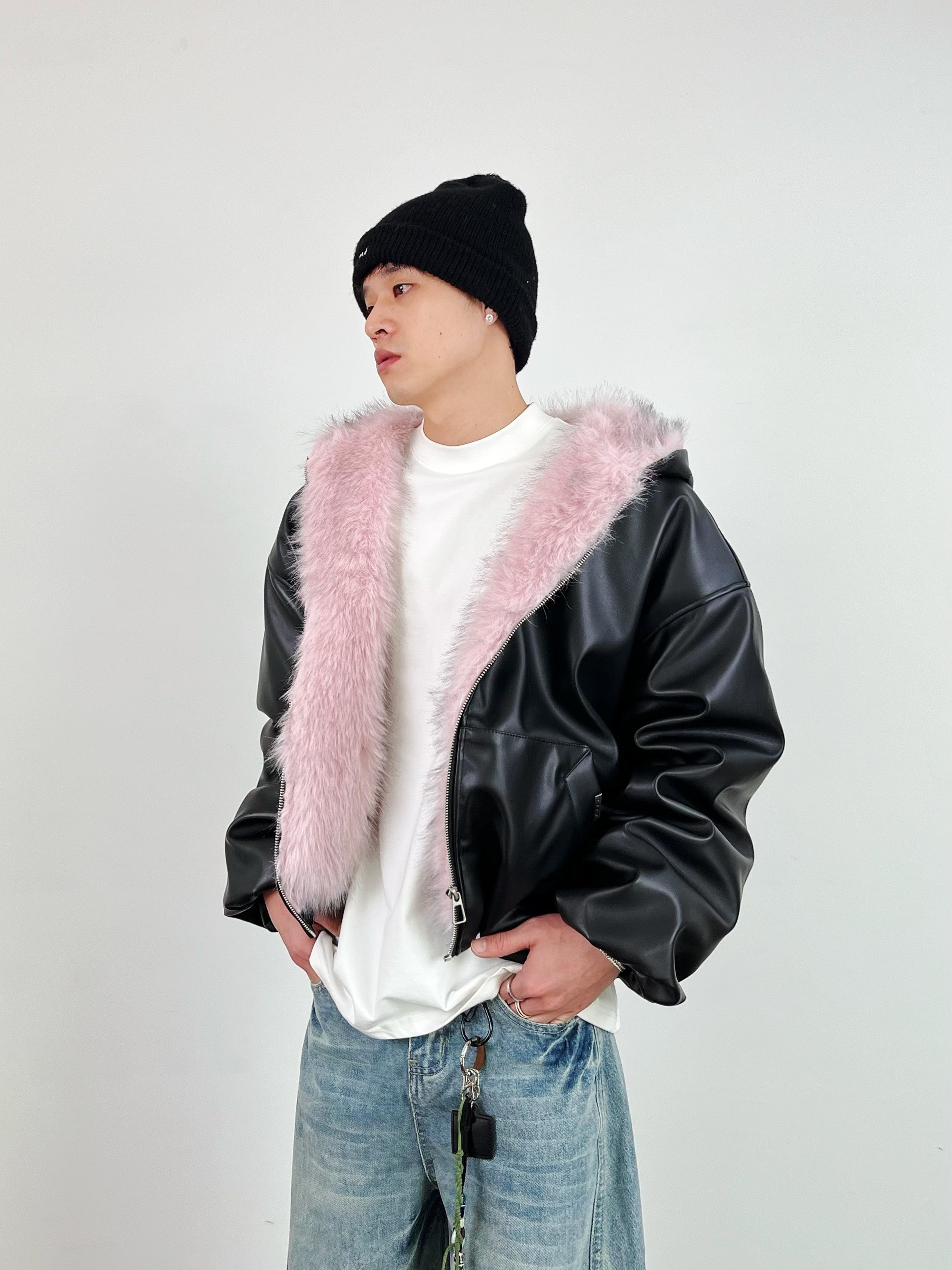 Nameria Unisex Retro Hooded PU Leather Jacket with Fleece Lining