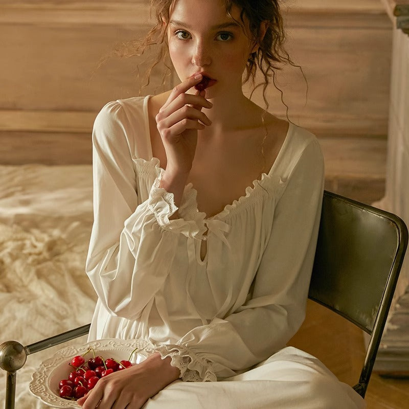Nameria Womens Long Sleeve French Style Cotton Nightgown