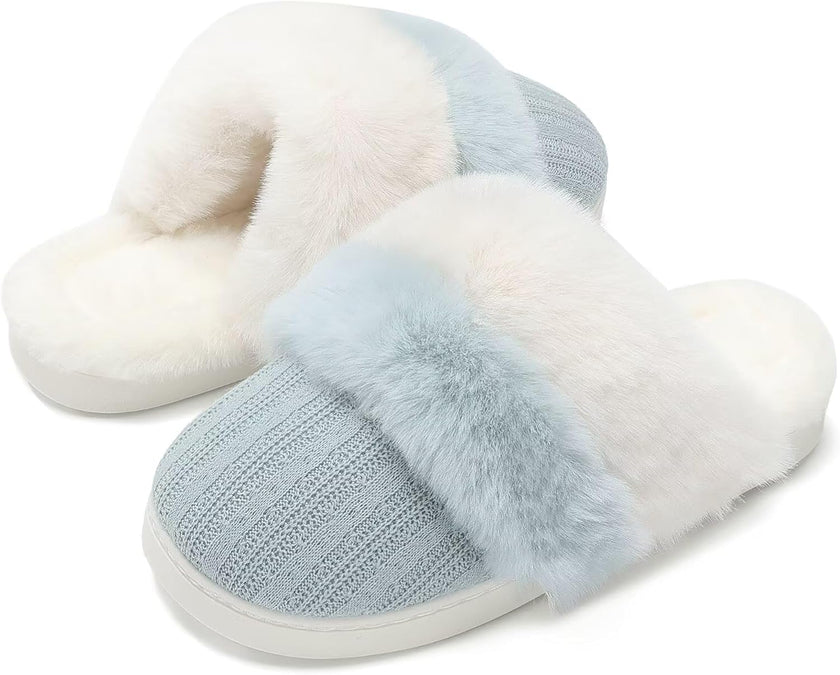 Women'S Two-Tone Fuzzy Collar House Slippers Memory Foam Plush Faux Fur Lining