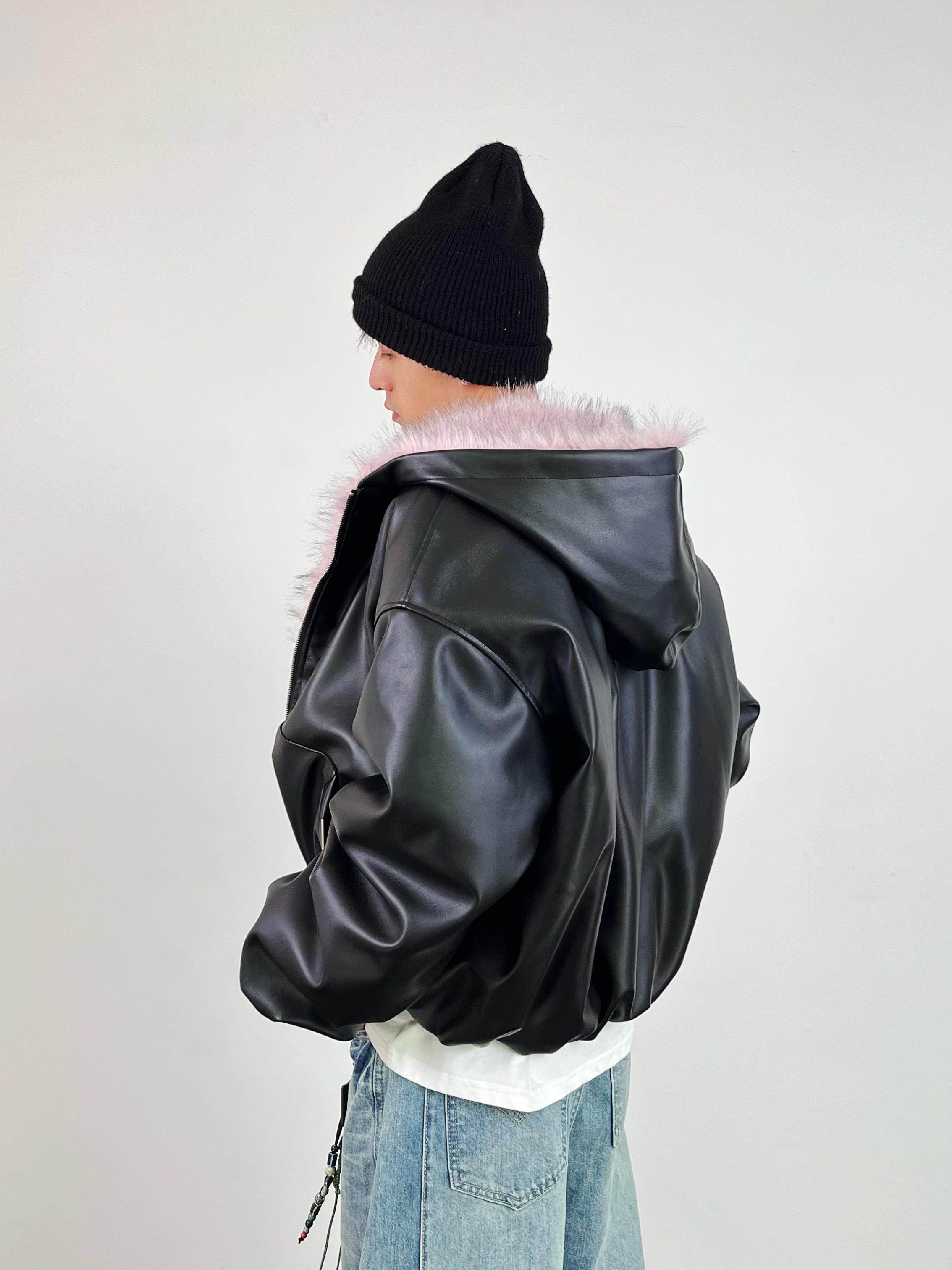Nameria Unisex Retro Hooded PU Leather Jacket with Fleece Lining