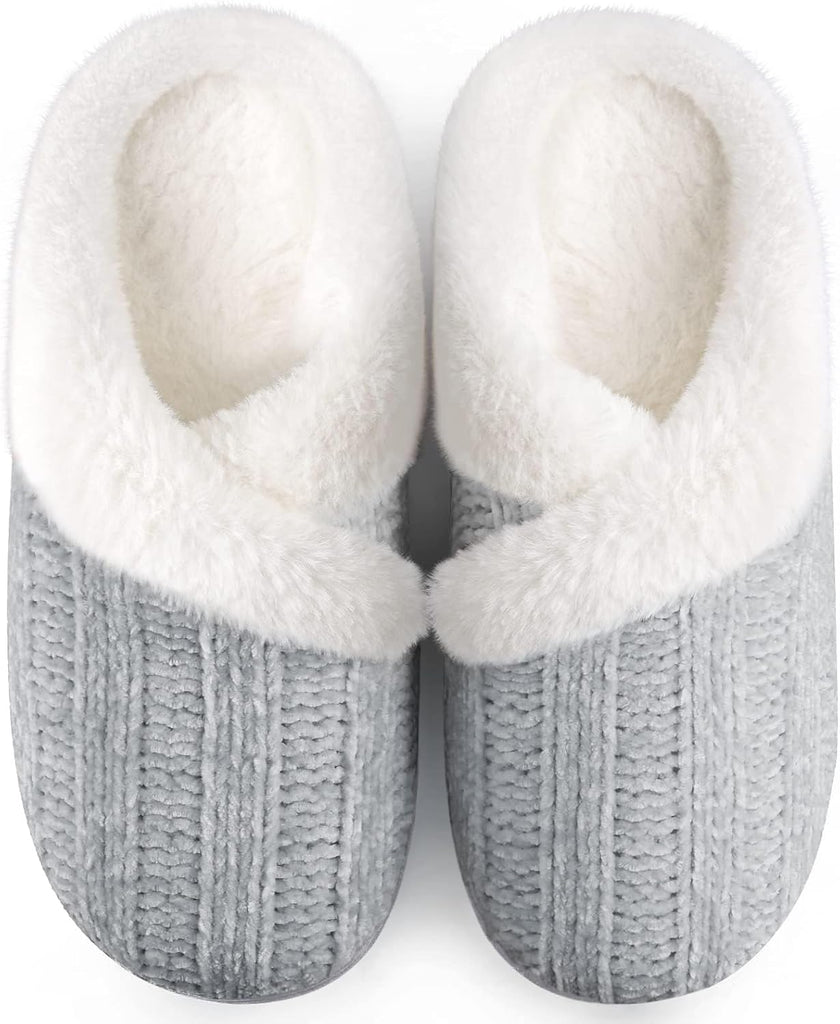 Women’s Fuzzy Memory Foam House Slippers – Indoor Outdoor Cozy Knit Slip-On with Plush Lining & Anti-Skid Rubber Sole