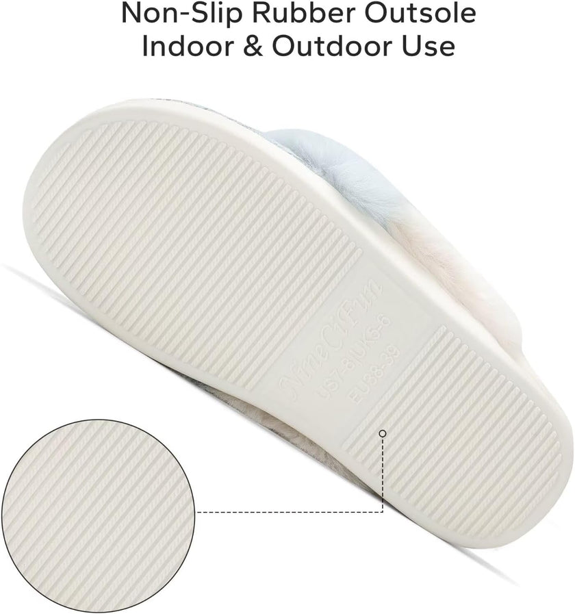 Women'S Two-Tone Fuzzy Collar House Slippers Memory Foam Plush Faux Fur Lining