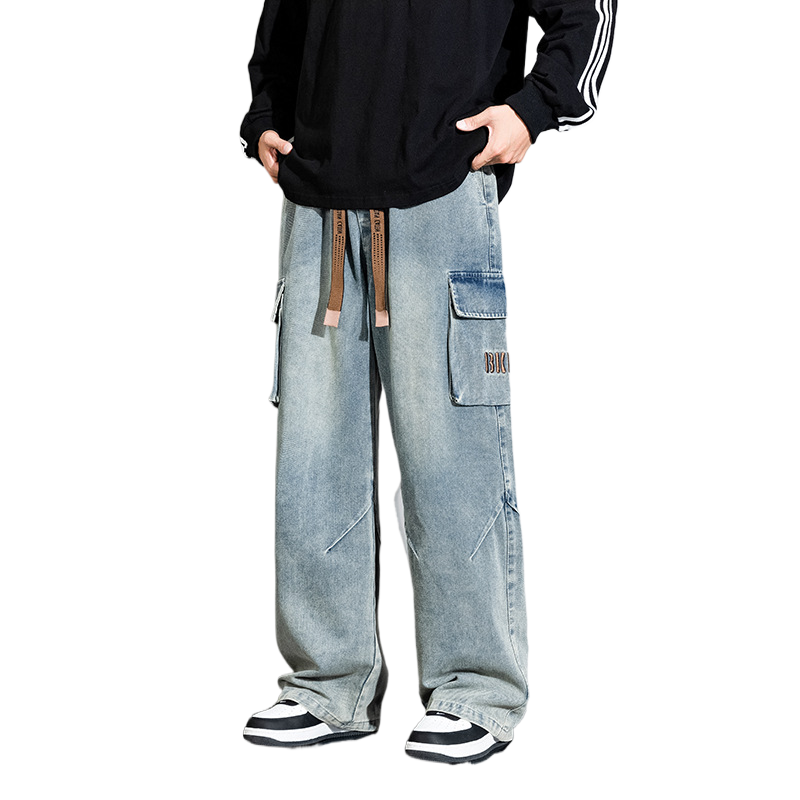 Nameria Men Vintage Washed Wide Leg Pants High Waist Zipper Placket