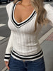 Nameria Striped V-neck Long Sleeve Knit Sweater Slim Fit