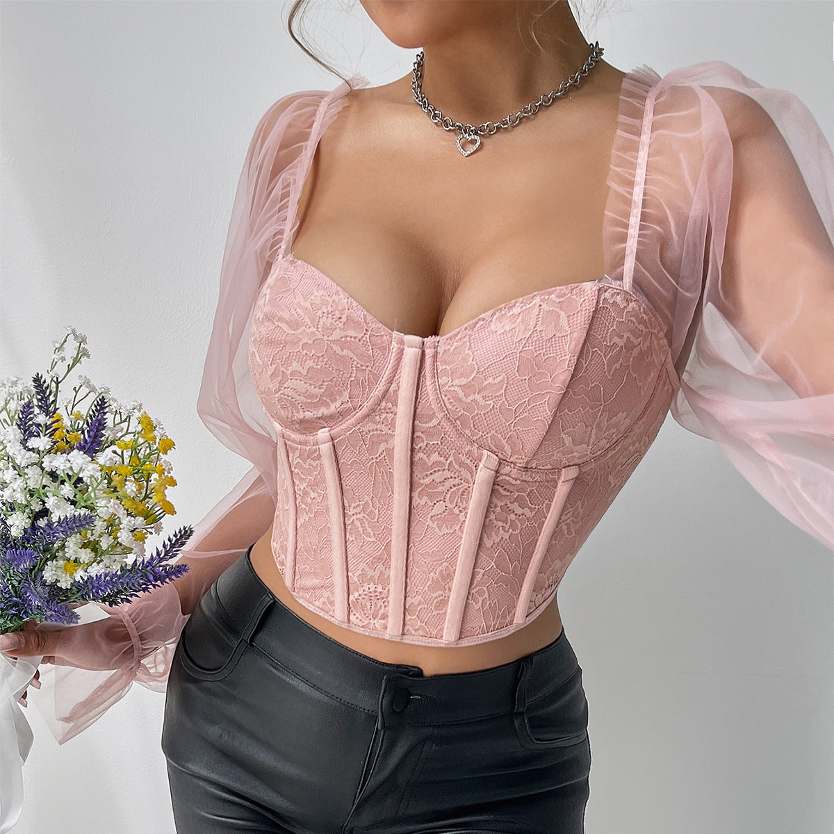 Nameria Mesh Bell Sleeve Floral Lace Top with Boning Backless