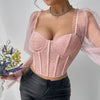 Nameria Mesh Bell Sleeve Floral Lace Top with Boning Backless