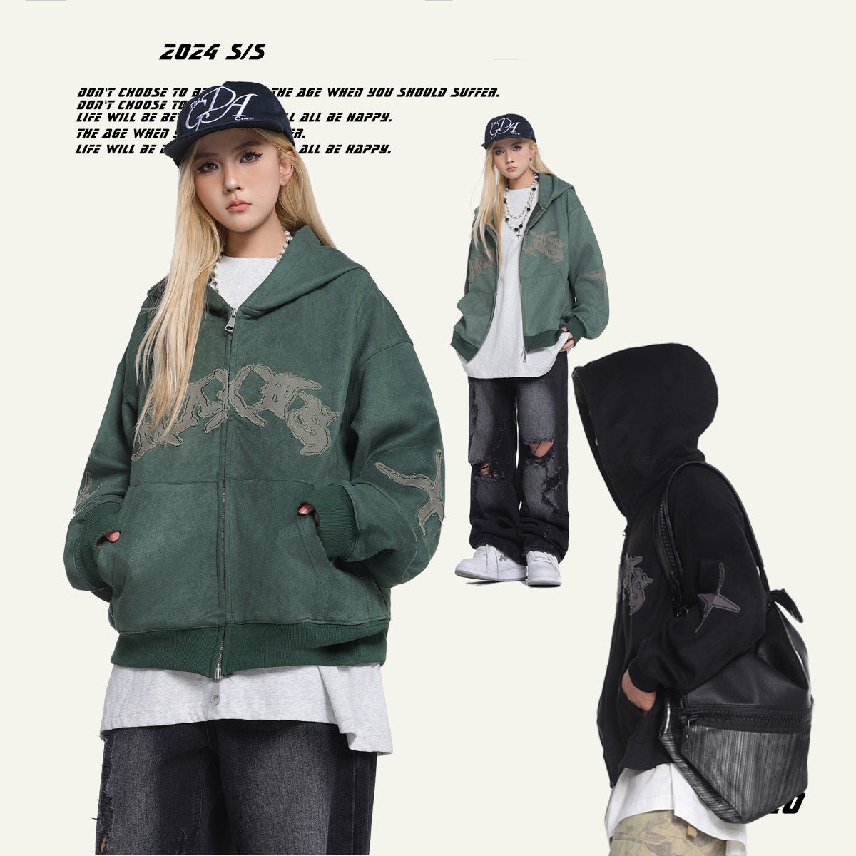 Nameria Unisex Embroidered Letter Zip Hoodie Suede Touch Loose Fit