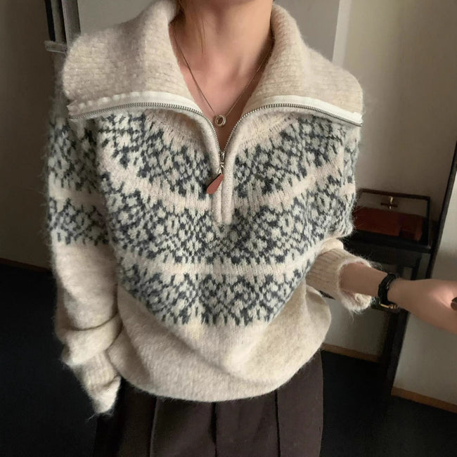 Nameria Womens Long-Sleeve Fair Isle Zip Collar Knitted Sweater