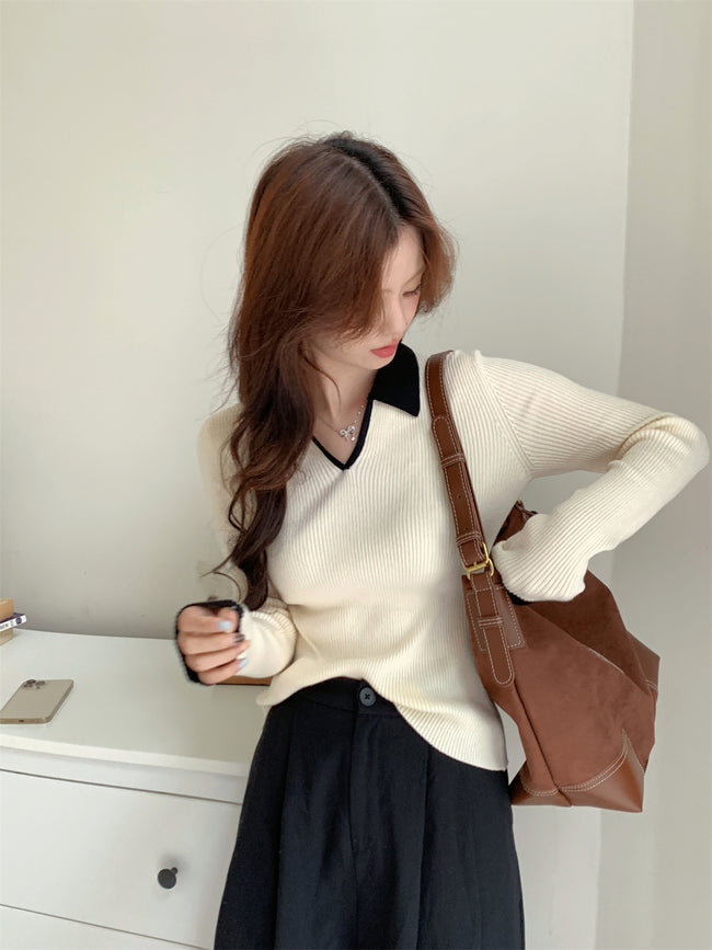 Nameria Polo Collar Ribbed Knit Top Long Sleeve Color Block