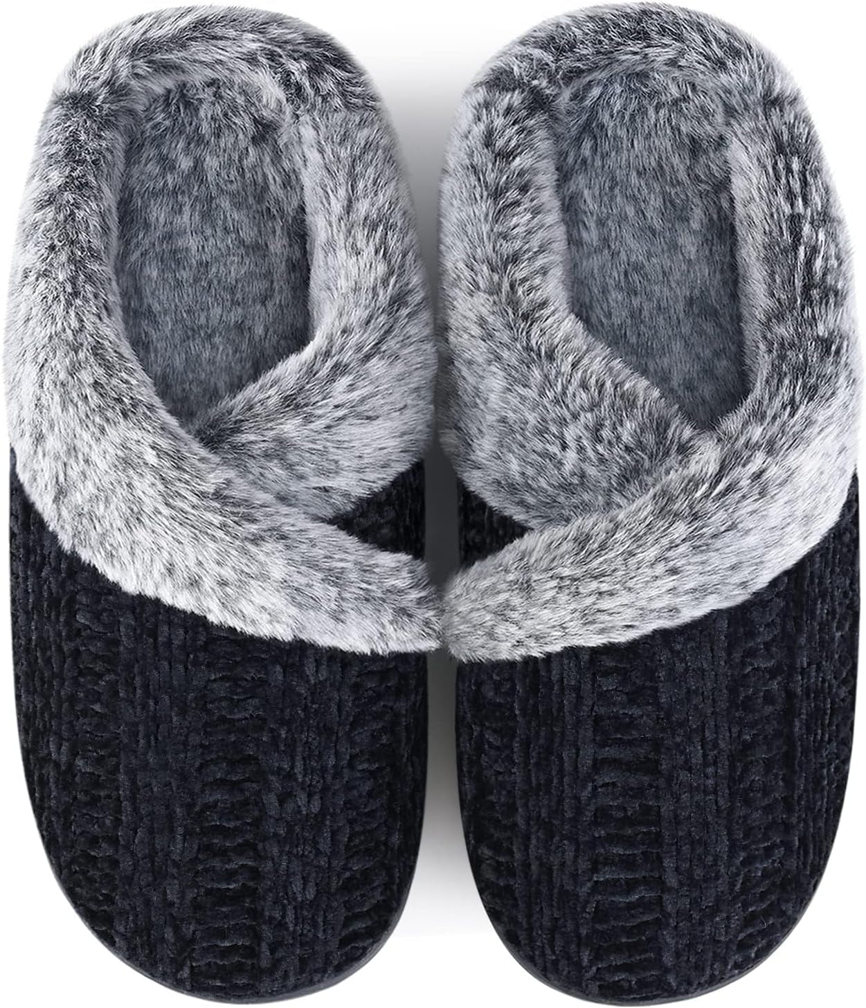 Women’s Fuzzy Memory Foam House Slippers – Indoor Outdoor Cozy Knit Slip-On with Plush Lining & Anti-Skid Rubber Sole