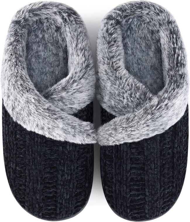Women’s Fuzzy Memory Foam House Slippers – Indoor Outdoor Cozy Knit Slip-On with Plush Lining & Anti-Skid Rubber Sole