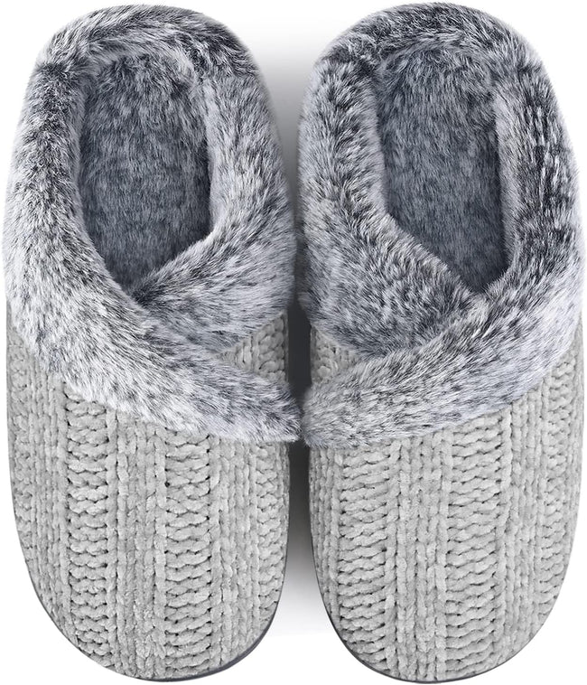 Women’s Fuzzy Memory Foam House Slippers – Indoor Outdoor Cozy Knit Slip-On with Plush Lining & Anti-Skid Rubber Sole