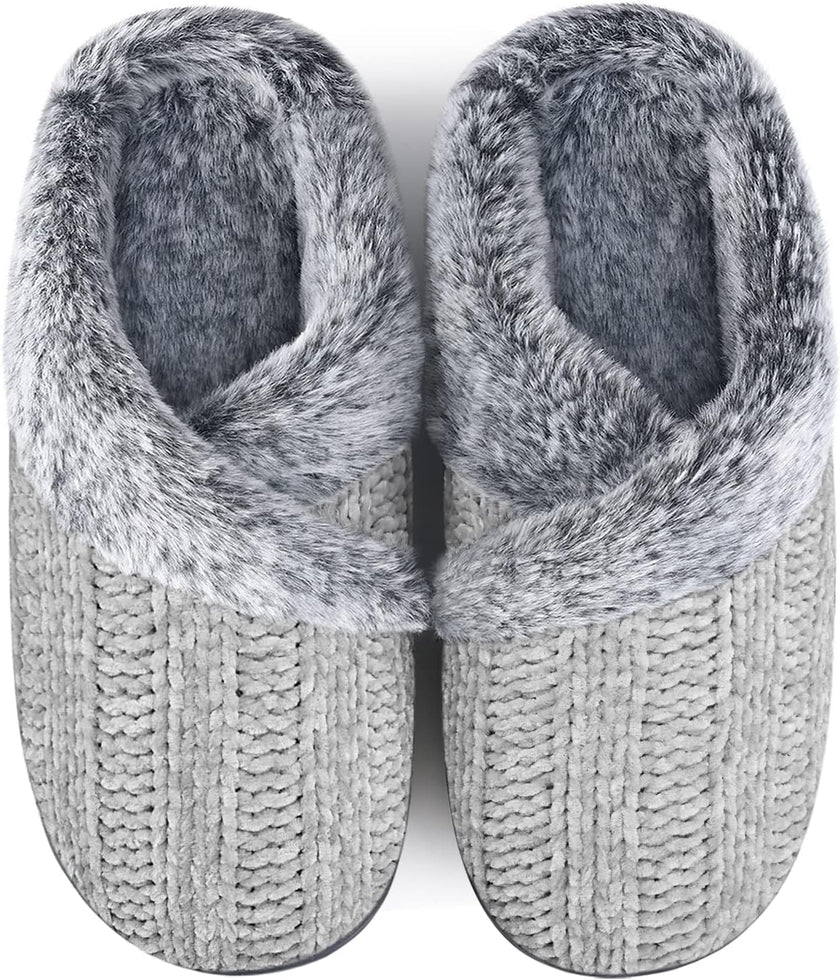 Women’s Fuzzy Memory Foam House Slippers – Indoor Outdoor Cozy Knit Slip-On with Plush Lining & Anti-Skid Rubber Sole