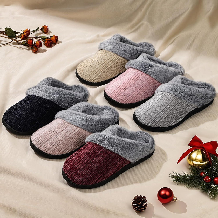 Women’s Fuzzy Memory Foam House Slippers – Indoor Outdoor Cozy Knit Slip-On with Plush Lining & Anti-Skid Rubber Sole