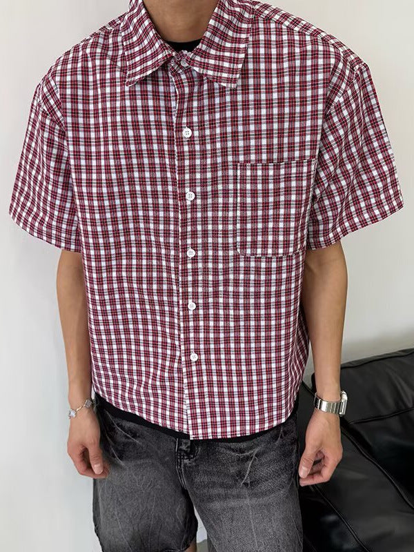 Nameria Unisex Vintage Plaid Short Sleeve Shirt Cotton Blend Loose Fit