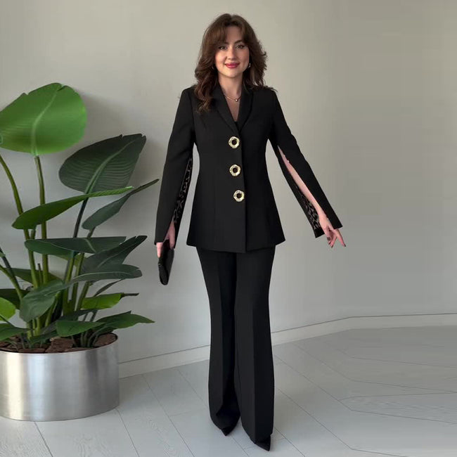 Nameria Long Sleeve Pants Suit Two Piece Set Slit Detail