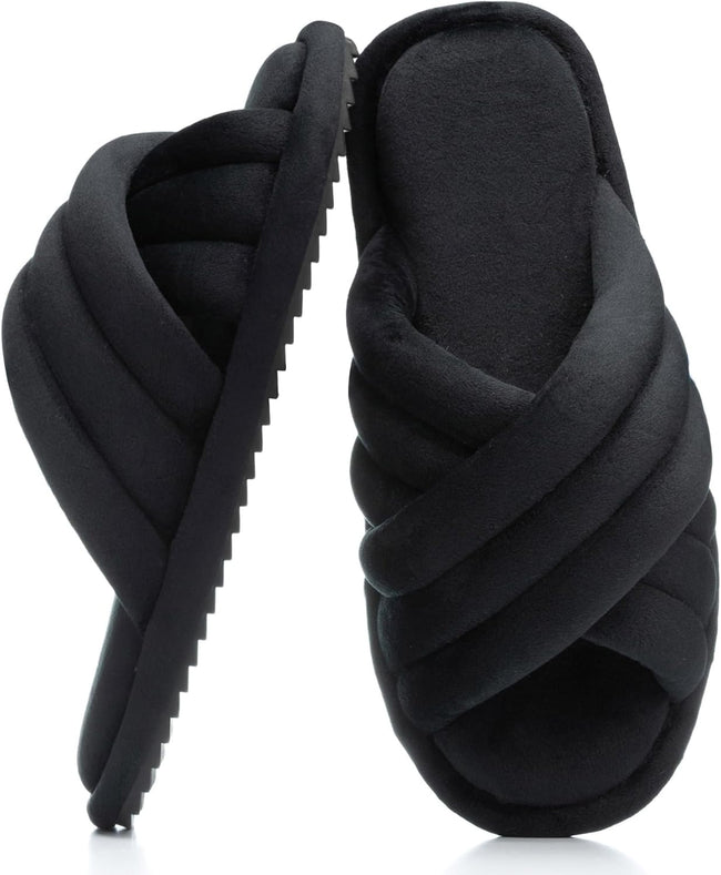 Cross Band Womens Slippers Indoor and Outdoor with Cozy Memory Foam Ladies House Slippers Shoes Slides Open Toe Cute Gifts for Women Her Mom Soft Slip on Slipper Black
