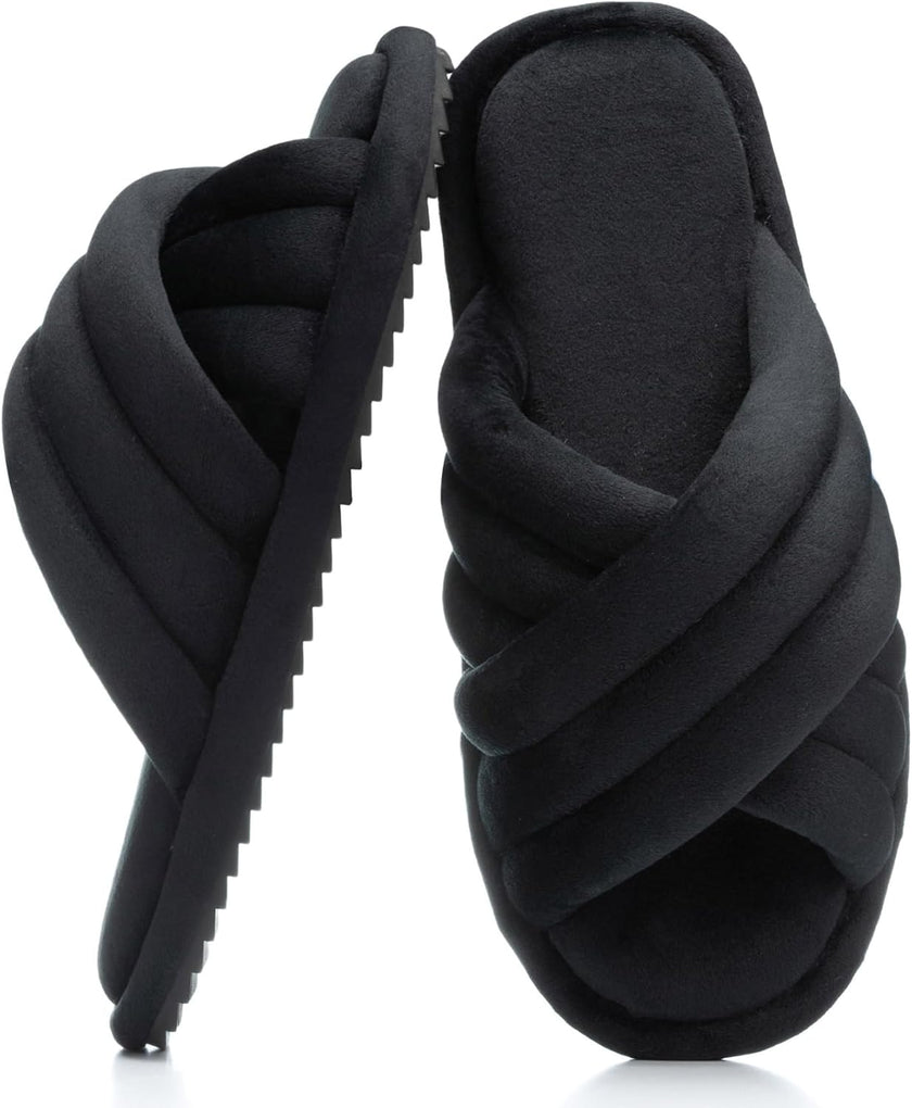 Cross Band Womens Slippers Indoor and Outdoor with Cozy Memory Foam Ladies House Slippers Shoes Slides Open Toe Cute Gifts for Women Her Mom Soft Slip on Slipper Black