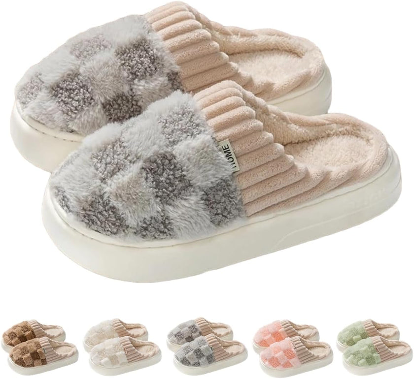 Checkered Slipper House Slippers for Women Men Plush Warm Fuzzy Slippers Flyffy Bedroom Shoes Indoor Slip On