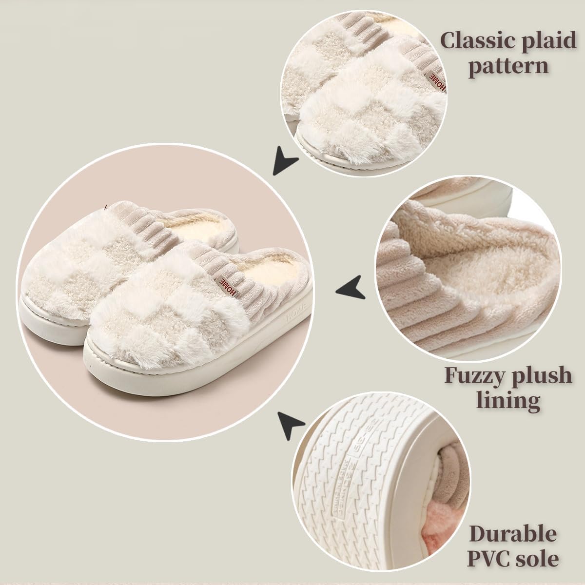 Checkered Slipper House Slippers for Women Men Plush Warm Fuzzy Slippers Flyffy Bedroom Shoes Indoor Slip On