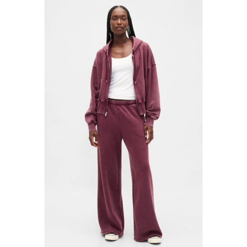 Nameria Womens Hooded Zip Top and Pants Set Wine Red