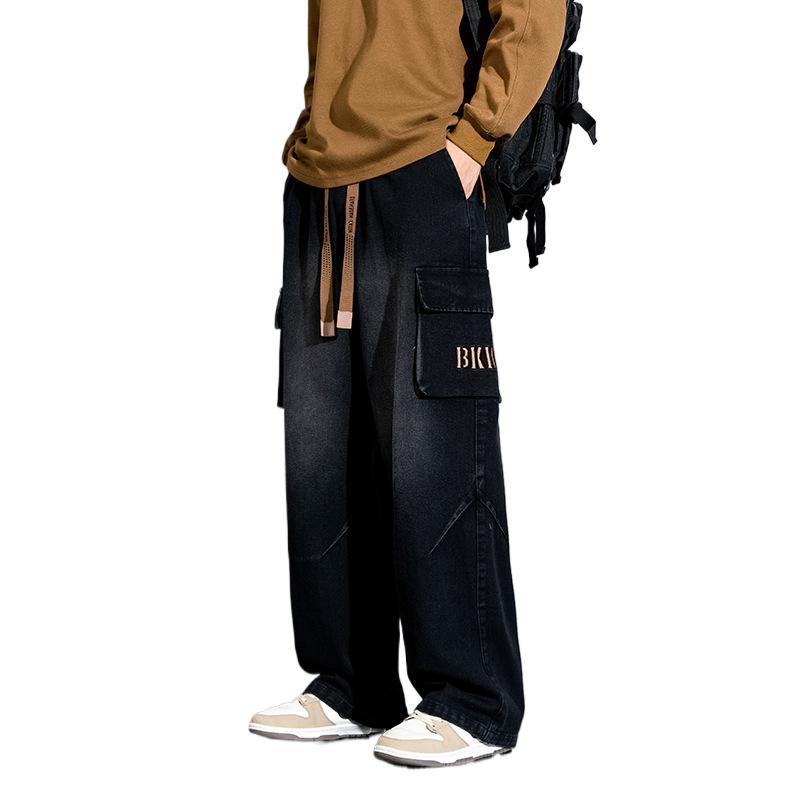 Nameria Men Vintage Washed Wide Leg Pants High Waist Zipper Placket