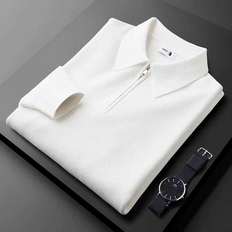 Nameria Half Zip Lapel Collar Waffle Knit Polo Long Sleeve