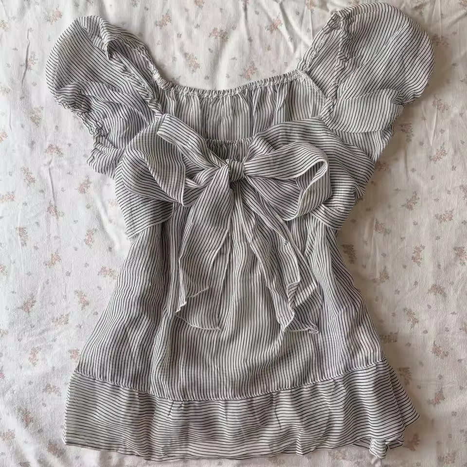 Nameria Striped Bow Front Puff Sleeve Top